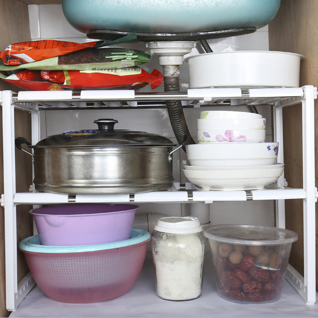 Expandable 2-Tier Under-Sink Shelf, Stainless Frame