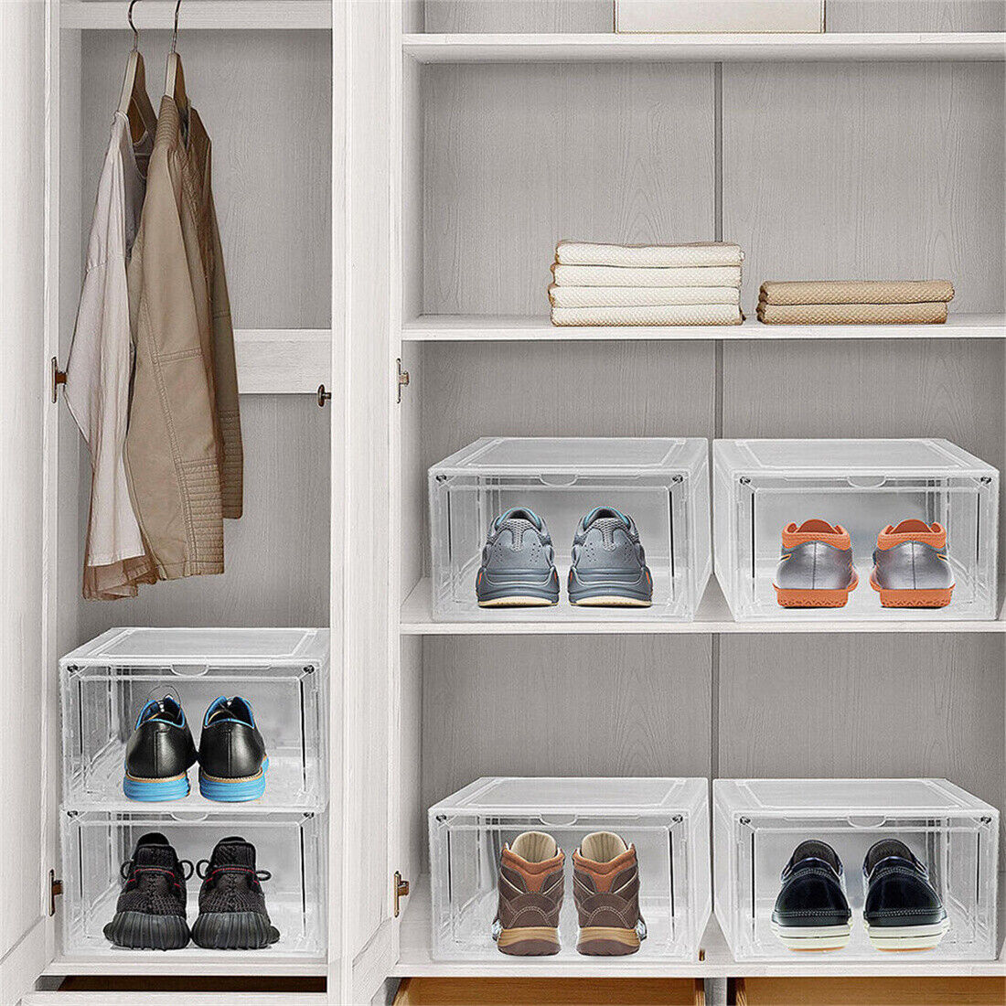 Clear Stackable Shoe Boxes with Magnetic Doors, 6 Pack