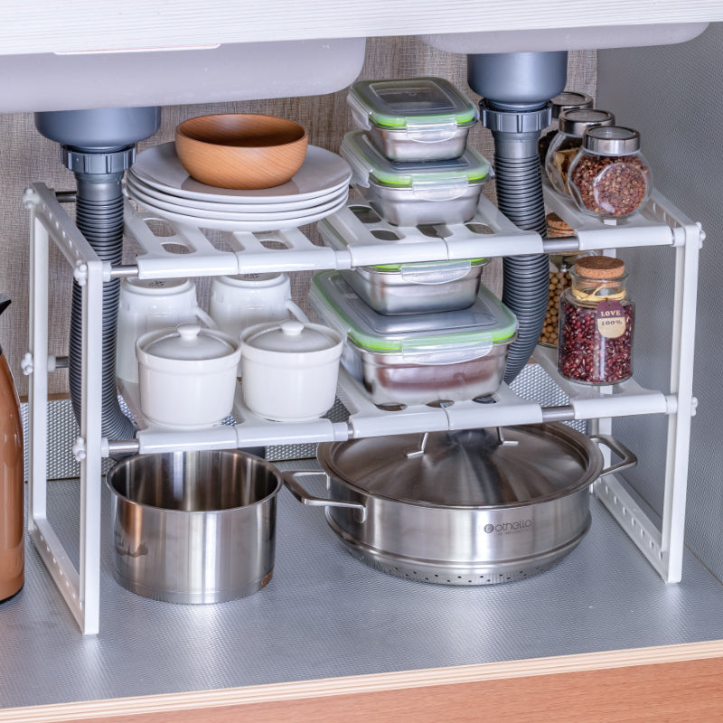 Expandable 2-Tier Under-Sink Shelf