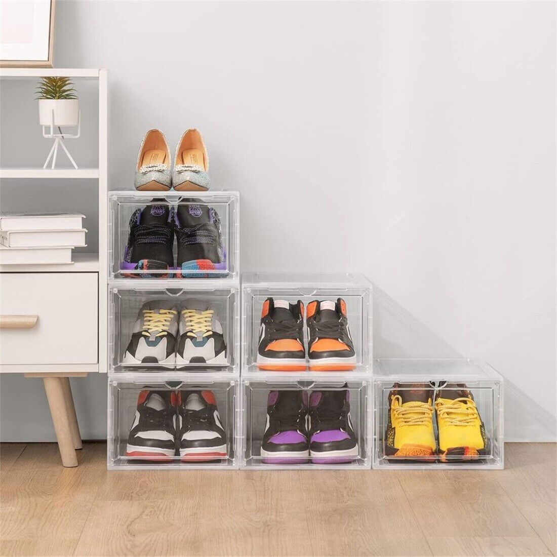 Clear Stackable Shoe Boxes with Magnetic Doors, 6 Pack
