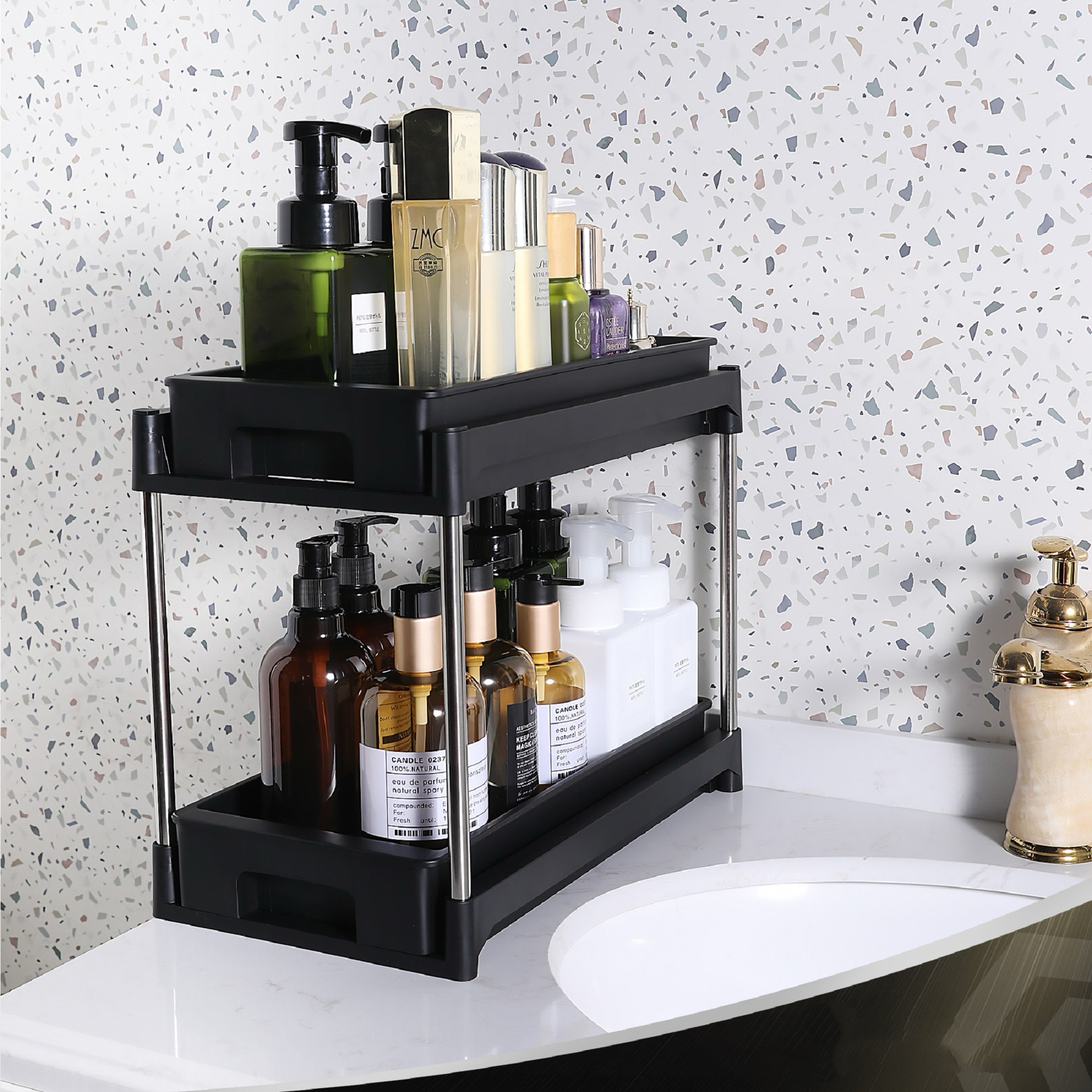 Pull-Out Cabinet Drawer Organizer with 2 Hooks