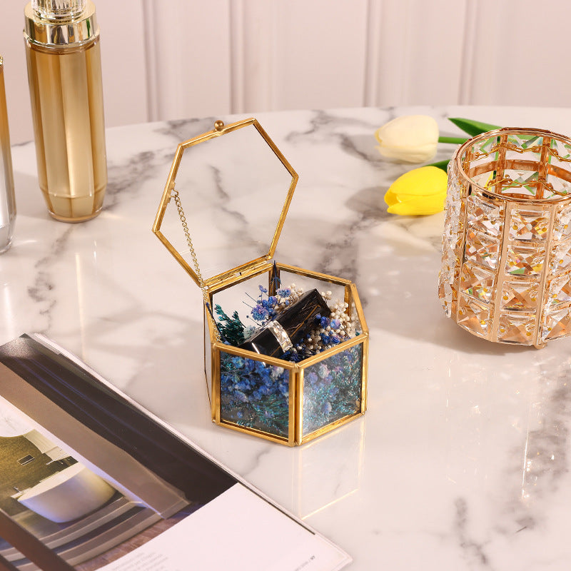 Gold Hexagon Glass Ring Box
