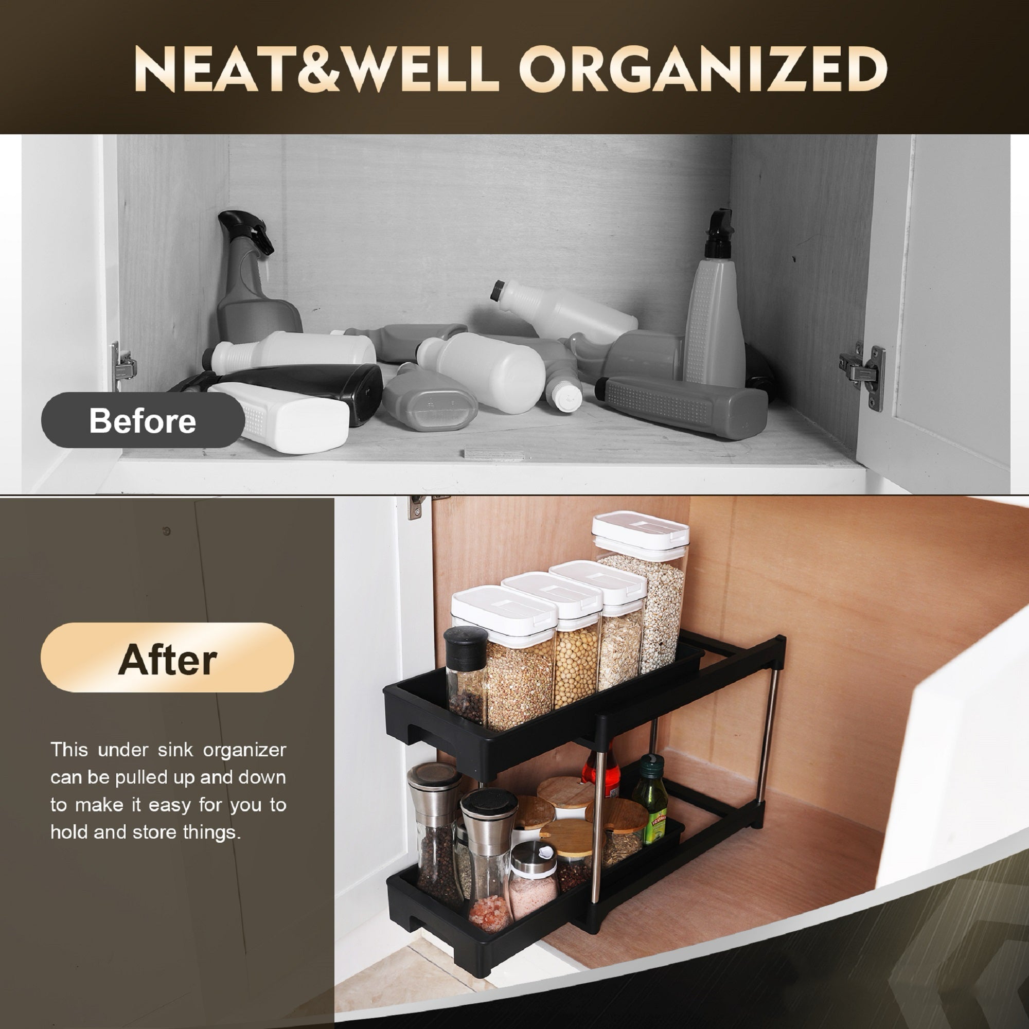Pull-Out Cabinet Drawer Organizer with 2 Hooks